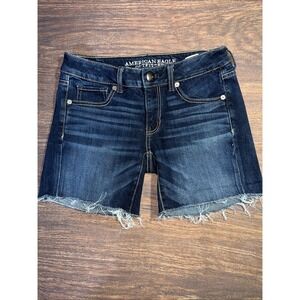 American Eagle Outfitters Super Stretch Midi Shorts Size 2 Dark Wash Raw Hem